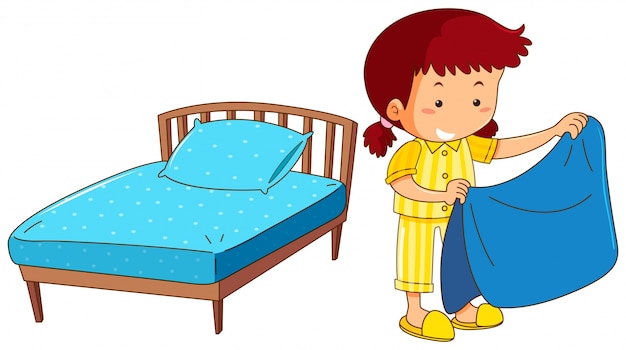 Chica haciendo cama sobre fondo blanco