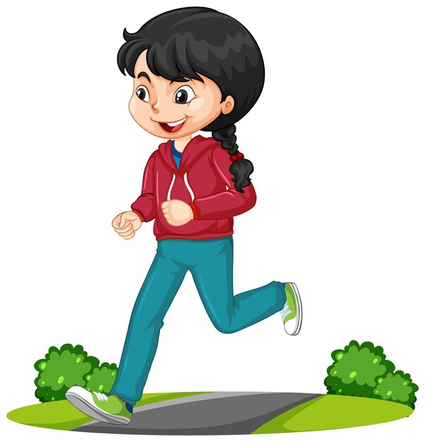 Chica haciendo ejercicio corriendo personaje de dibujos animados aislado
