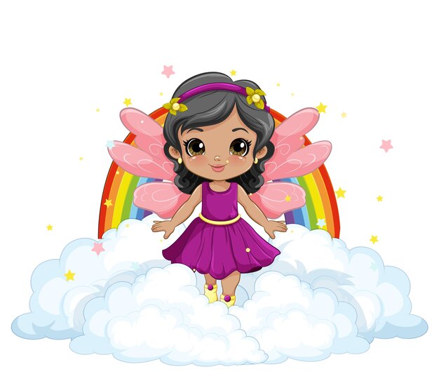 Chica hada de pie en la nube con fondo de arco iris