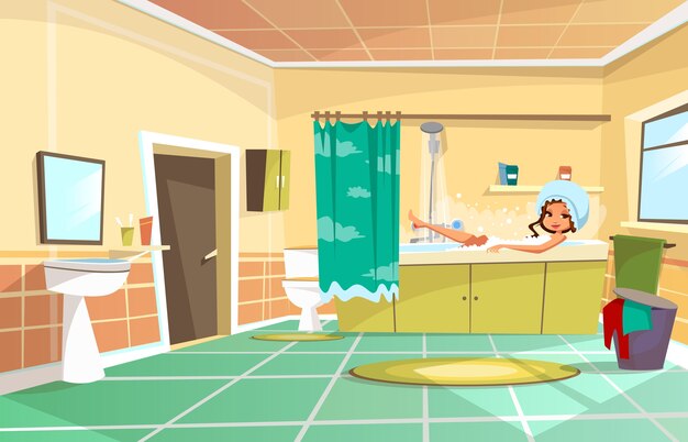 Chica hermosa de dibujos animados con baño en la bañera.