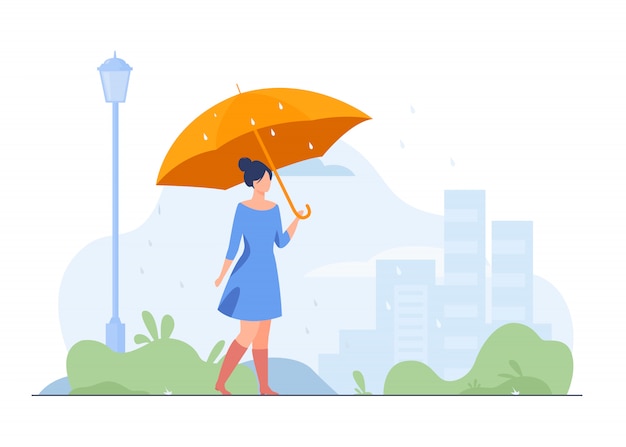 Chica joven con ilustración plana paraguas naranja
