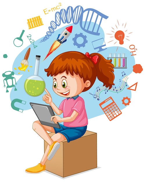 Chica joven con tableta con iconos de educación