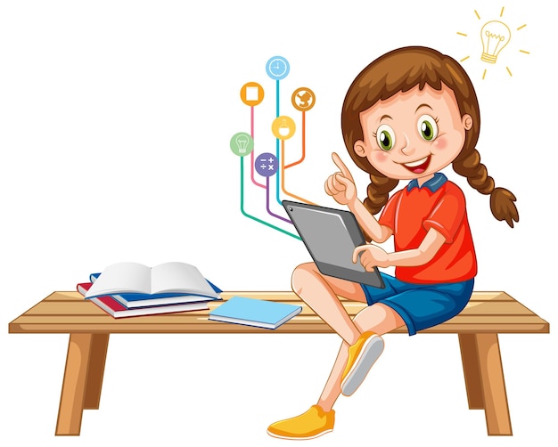 Chica joven con tableta con iconos de educación