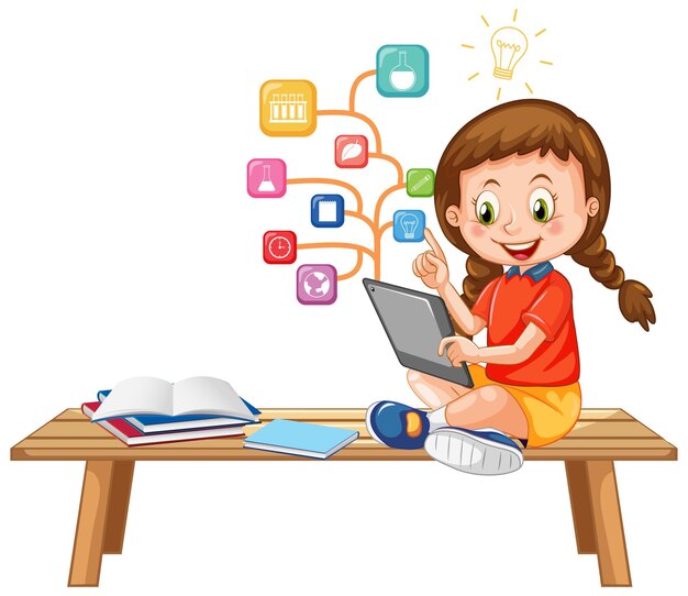 Chica joven con tableta con iconos de educación