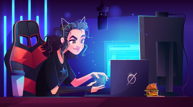 Chica jugador personaje y equipo de computadora vector