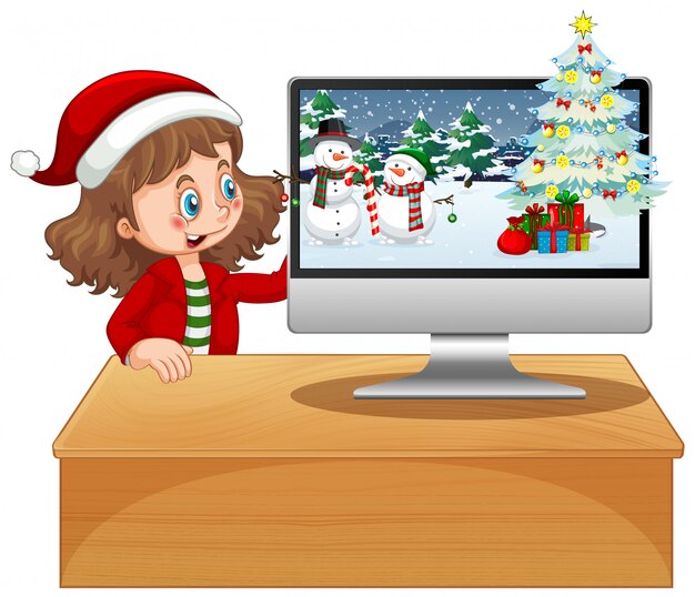 Chica junto a la computadora con tema de navidad.