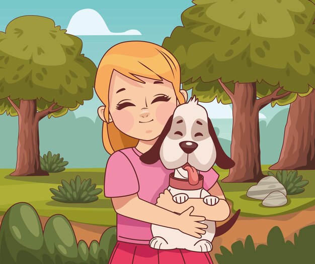 chica levantando perro en el personaje del parque