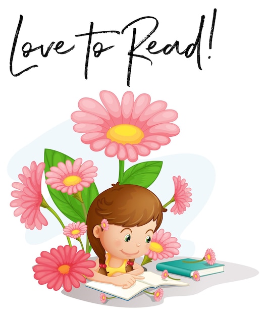 Vector gratuito chica leyendo con frase amor para leer