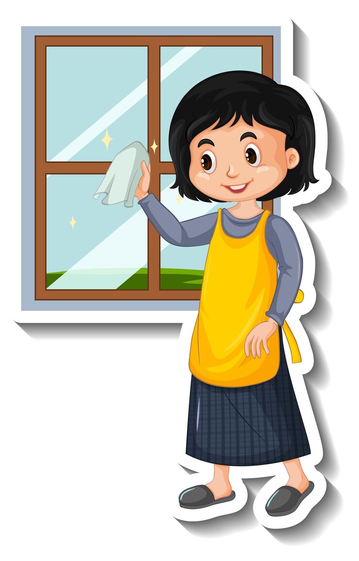 Vector gratuito chica de limpieza de la casa de ventana de limpieza sobre fondo blanco.