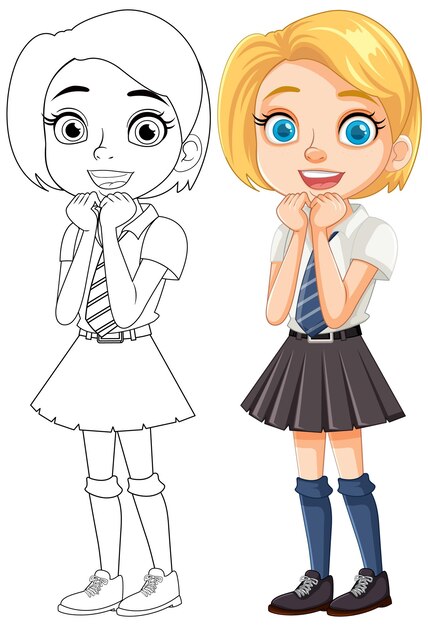 Chica linda estudiante personaje de dibujos animados en uniforme escolar