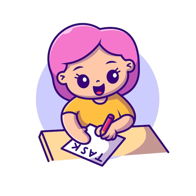 Vector gratuito chica linda haciendo tareas en la mesa dibujos animados icono vectorial ilustración educación negocio aislado plano