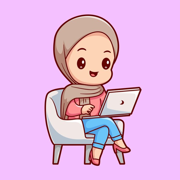 Chica linda hijab trabajando en portátil dibujos animados icono vectorial ilustración gente tecnología aislada plana