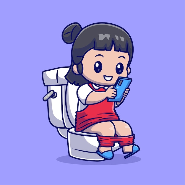Vector gratuito chica linda jugando al teléfono en el inodoro icono vectorial de dibujos animados ilustración de personas tecnología aislada plana
