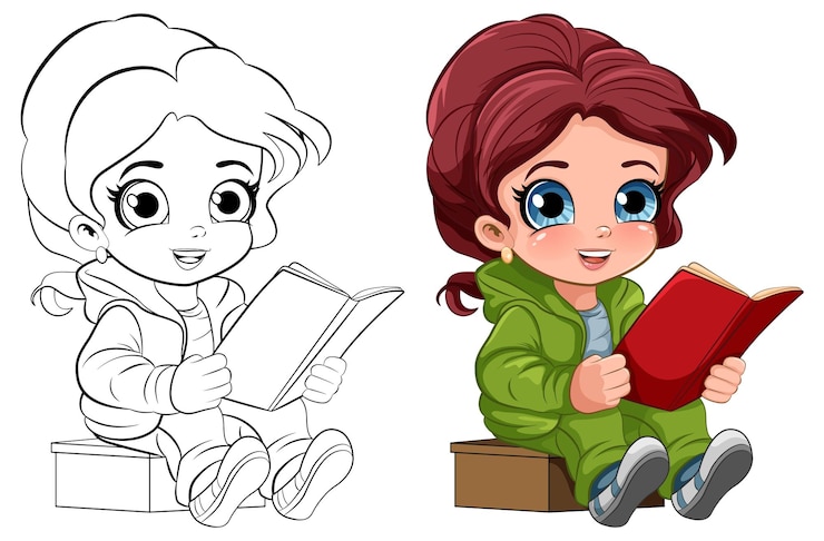 Vector gratuito chica linda leyendo el esbozo del libro para colorear