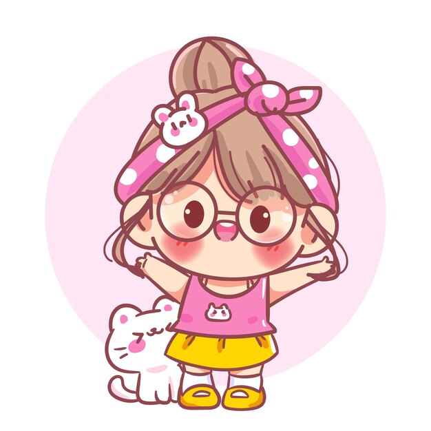 Chica linda de pie con ambas manos levantadas y un pequeño gato al lado de su personaje de dibujos animados
