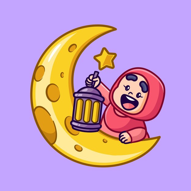 Chica linda sosteniendo una linterna en la luna dibujos animados icono vectorial ilustración gente religión aislada plana