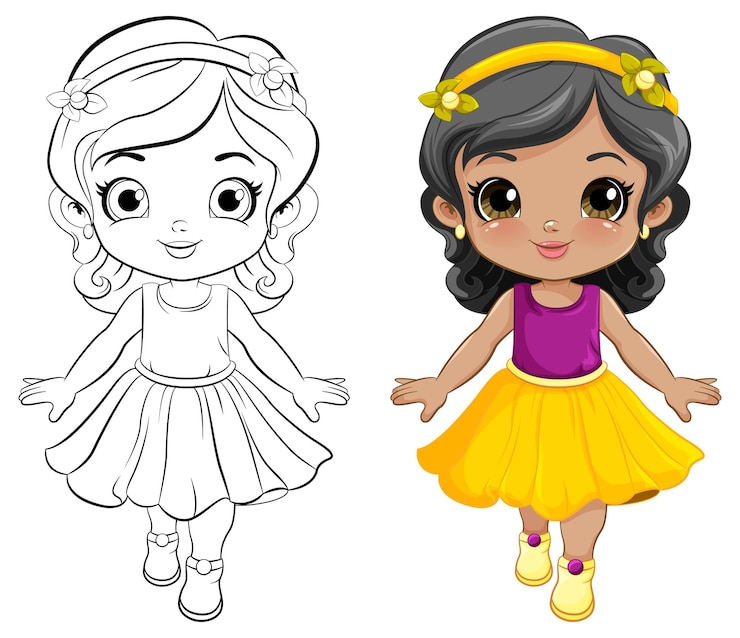 Vector gratuito chica linda con un vestido hermoso contorno para colorear