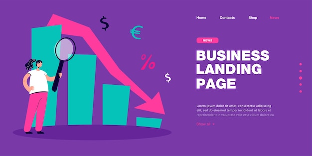 Chica con lupa mirando el diagrama. diagrama de ingresos y gastos con dólar, ilustración de vector plano de marca porcentual. concepto analítico de moneda para banner, diseño de sitio web, página web de destino