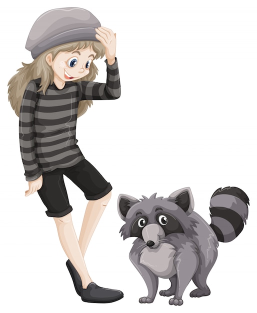 Chica y mapache gris