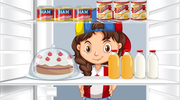 Chica mirando comida en nevera