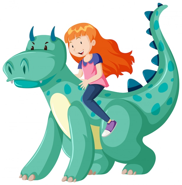 Vector gratuito chica montando en personaje de dibujos animados de dinosaurios aislado sobre fondo blanco.