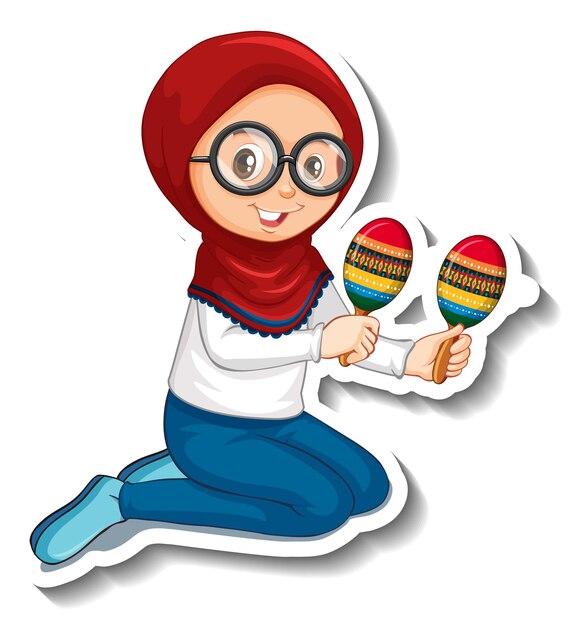 Chica musulmana jugando maracas personaje de dibujos animados pegatina