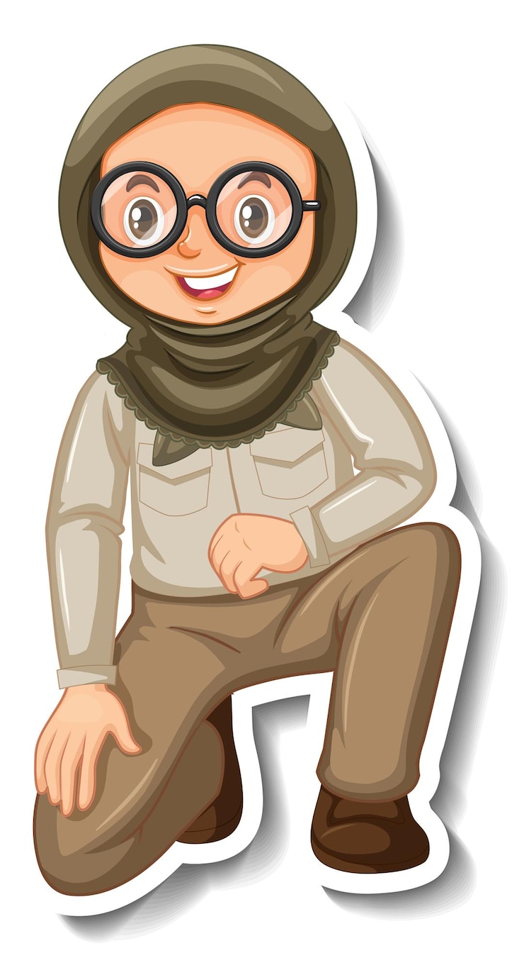 Vector gratuito chica musulmana en personaje de dibujos animados de traje de safari pegatina