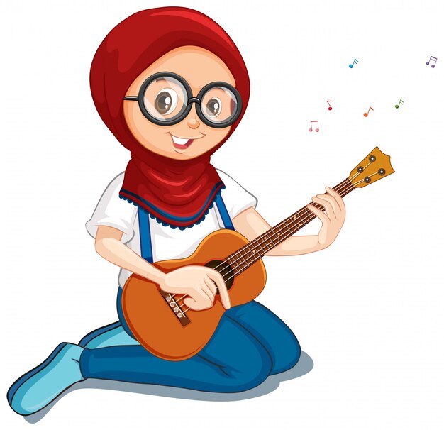 Chica musulmana tocando el ukelele en blanco