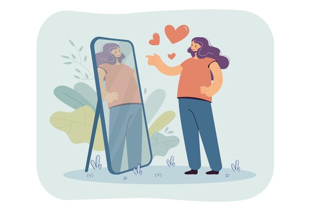 Chica narcisista feliz mirándose en el espejo, admirando su hermoso reflejo. Ilustración de dibujos animados
