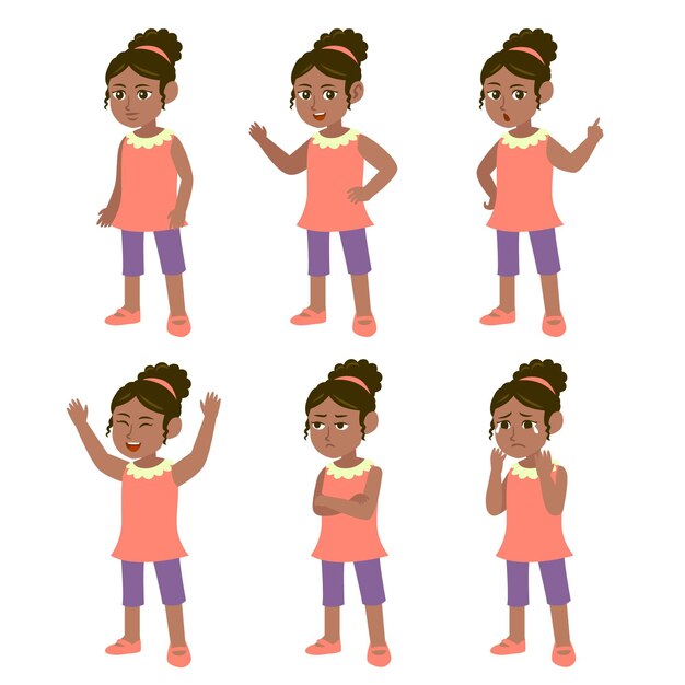 Chica negra dibujada a mano plana en diferentes poses