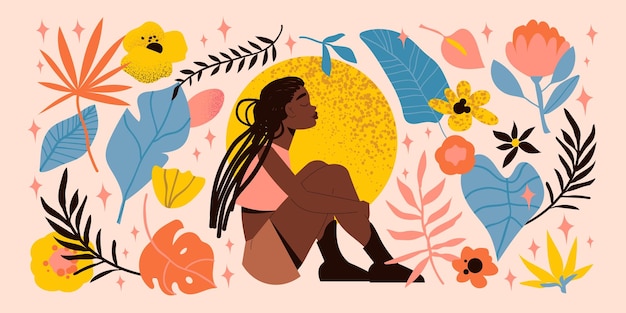 Vector gratuito chica negra mujer gran concepto de color hermosa mujer sentada frente a una obra de arte con flores y hojas coloridas ilustración vectorial