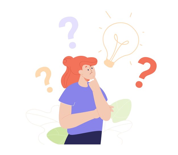 Chica pensativa pensando en ilustración vectorial plana. Signos de interrogación y bombilla en segundo plano. Mujer en busca de soluciones e ideas. Problema, maravilla, concepto de elección.