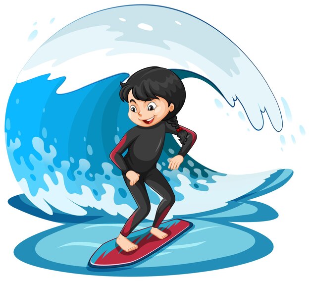 Chica de pie sobre una tabla de surf con onda de agua