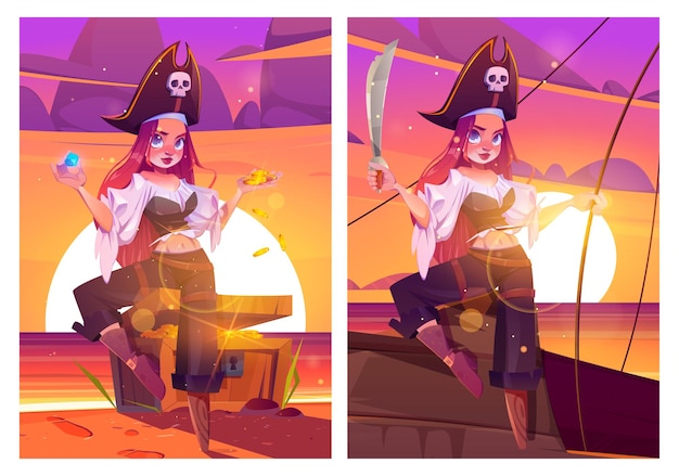 Chica pirata en la playa con cofre del tesoro capitán filibustero mujer con espada en barco