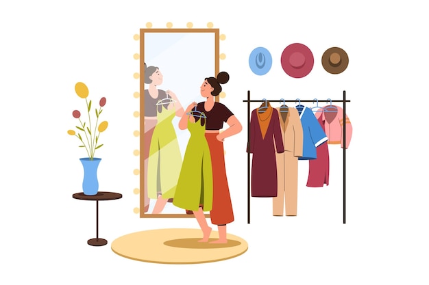 Chica plana elige ropa en armario o boutique