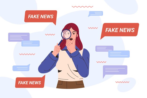 Chica plana con investigación de lupa sobre noticias falsas