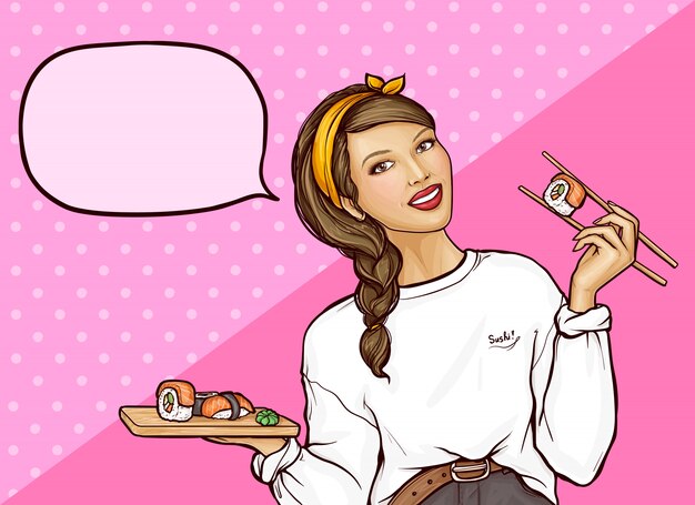 Chica pop art con rollos de sushi