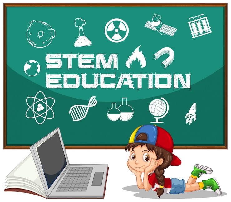 Vector gratuito chica y portátil con estilo de dibujos animados de texto de educación tallo aislado