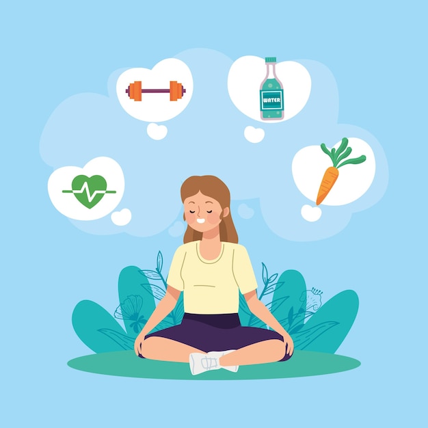 Chica practicando yoga e iconos saludables