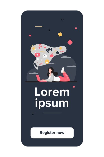 Chica que sufre de adicción a Internet. Mujer usando laptop, burbuja con signos de redes sociales ilustración vectorial plana desordenada