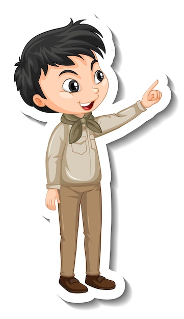Chica de safari con pegatina de personaje de dibujos animados de pose señalando
