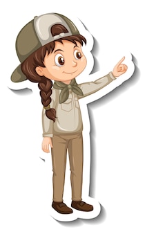 Chica de safari con personaje de dibujos animados de pose señalando pegatina