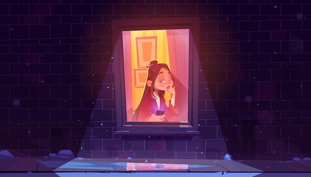 Una chica solitaria y triste sentada sola en la ventana con una llamada de espera de un smartphone, vista exterior de la calle de invierno de noche con copos de nieve cayendo y reflejo en un charco congelado. ilustración de vector de dibujos animados de mujer infeliz