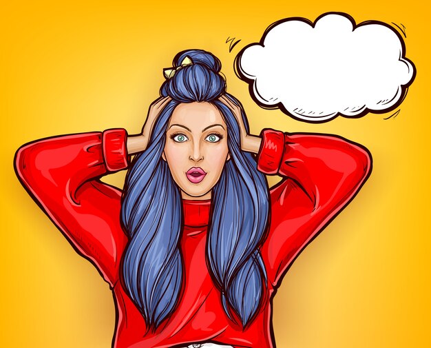 Chica sorprendida toca la cabeza con las manos en estilo pop art.