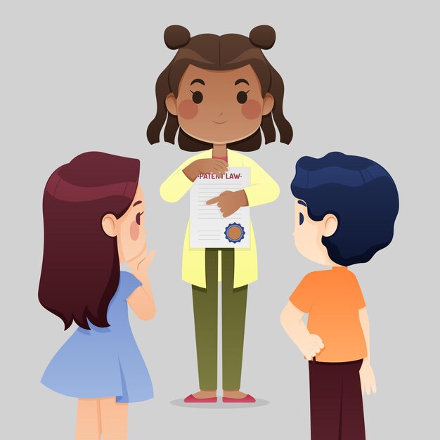 Chica sosteniendo dibujos animados de ley de patentes