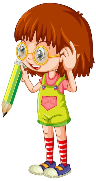 Chica sosteniendo lápiz personaje de dibujos animados sobre fondo blanco.