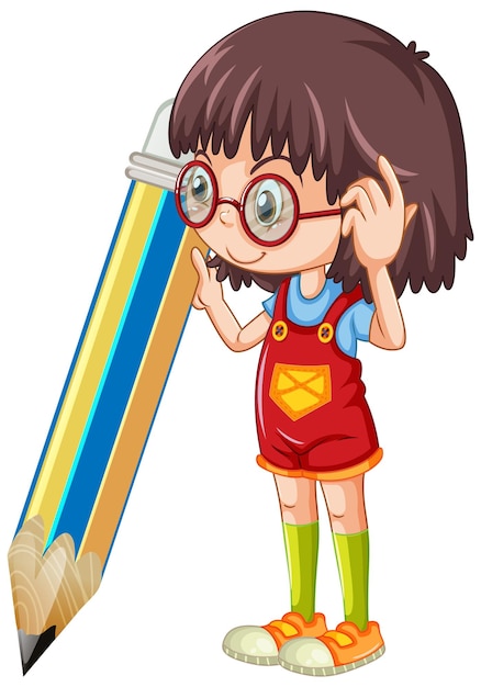 Vector gratuito chica sosteniendo lápiz personaje de dibujos animados sobre fondo blanco.