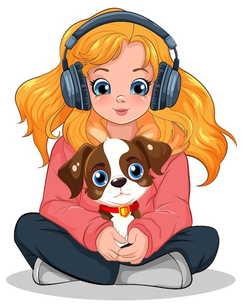 Vector gratuito chica sosteniendo mascota sentada en el suelo escuchando música con él