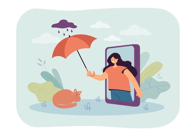 Chica sosteniendo un paraguas sobre un gato a través de la pantalla del teléfono. mujer cuidando a su mascota dormida ilustración vectorial plana. amor, concepto de amistad para banner, diseño de sitio web o página web de inicio