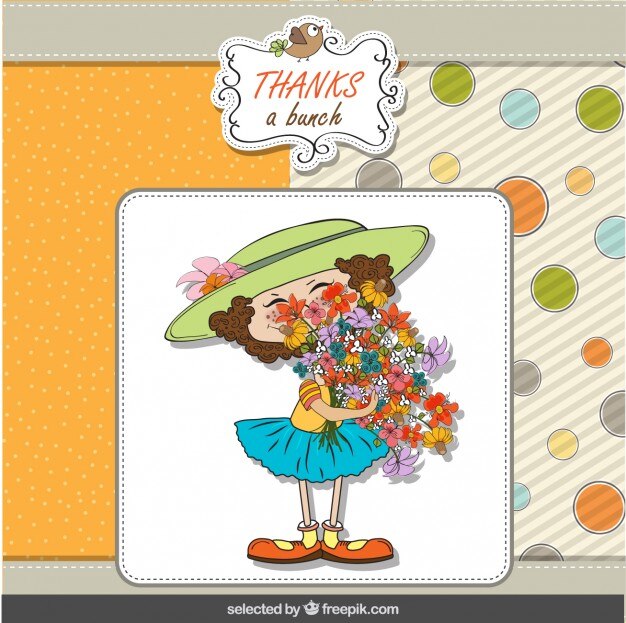 Chica con una tarjeta de felicitación ramo de flores